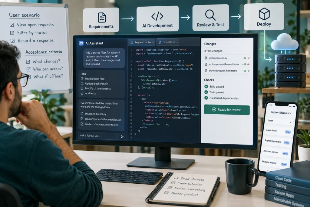 توسعه اپلیکیشن با کمک AI از نیازمندی تا بازبینی، آزمون و انتشار