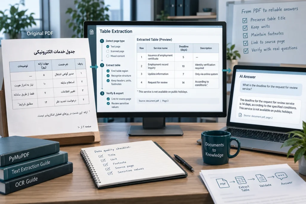 مسیر تبدیل جدول PDF به دادهٔ دارای عنوان، شرط و ارجاع صفحه