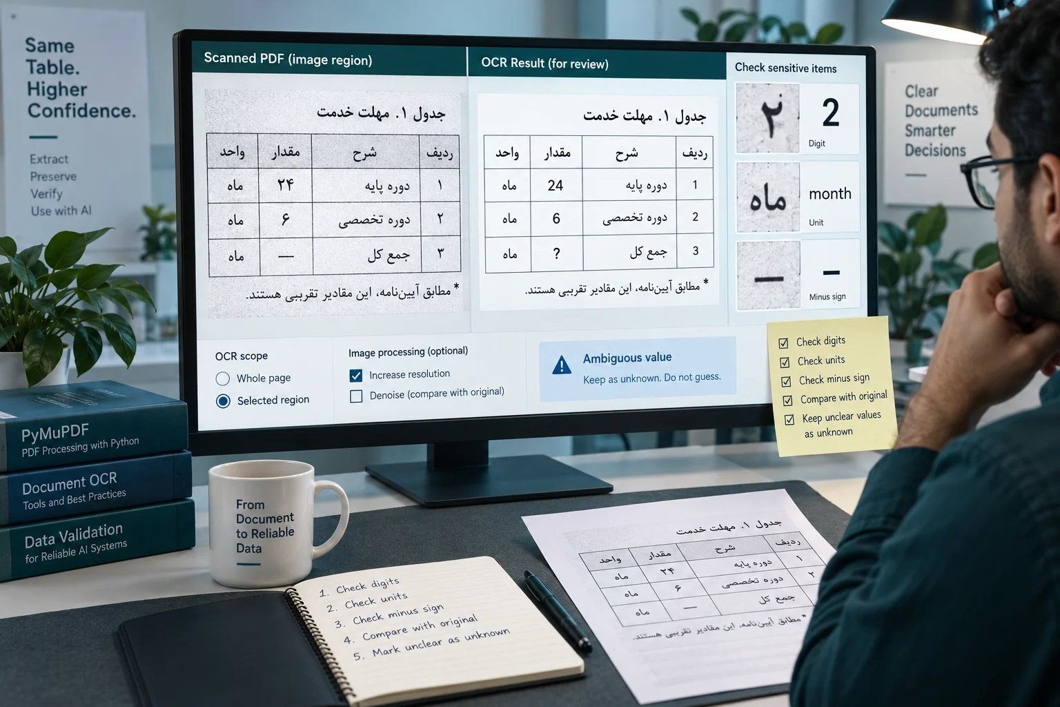 بازبینی رقم، واحد و علامت در خروجی OCR