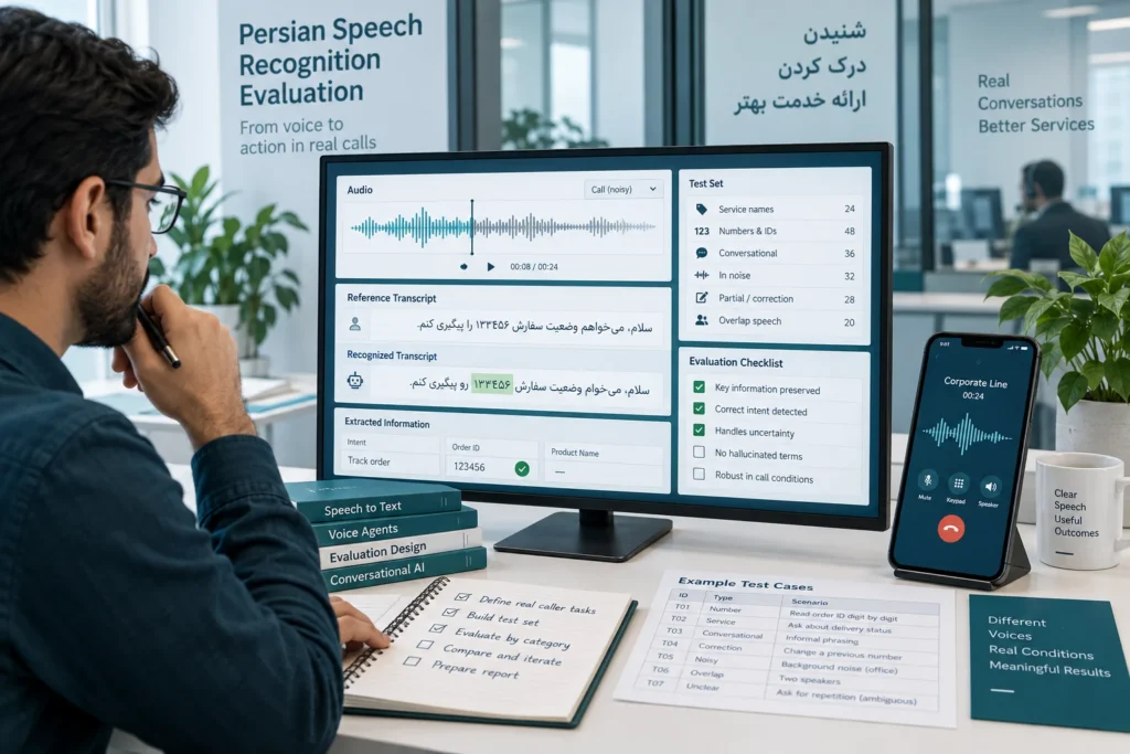 میز ارزیابی گفتار با فایل صوتی، متن مرجع و معیار انجام کار